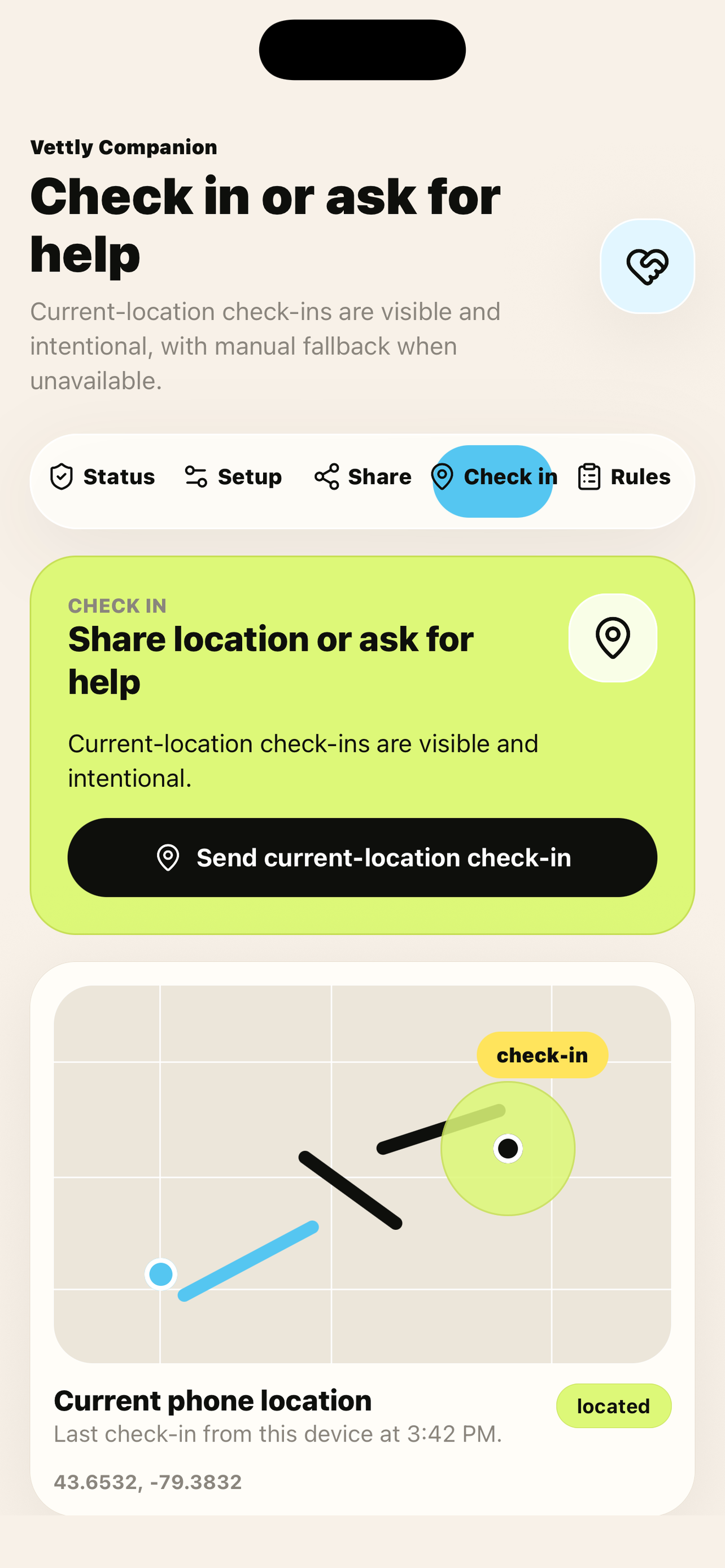 Vettly Companion check-in screen