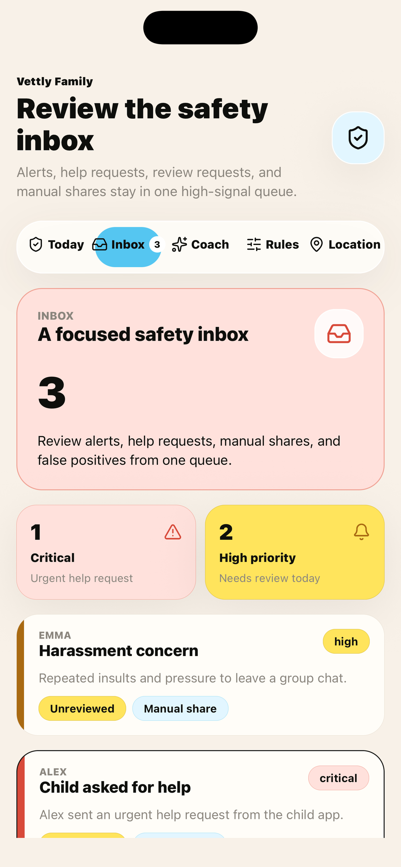 Vettly Family Safety Inbox screen