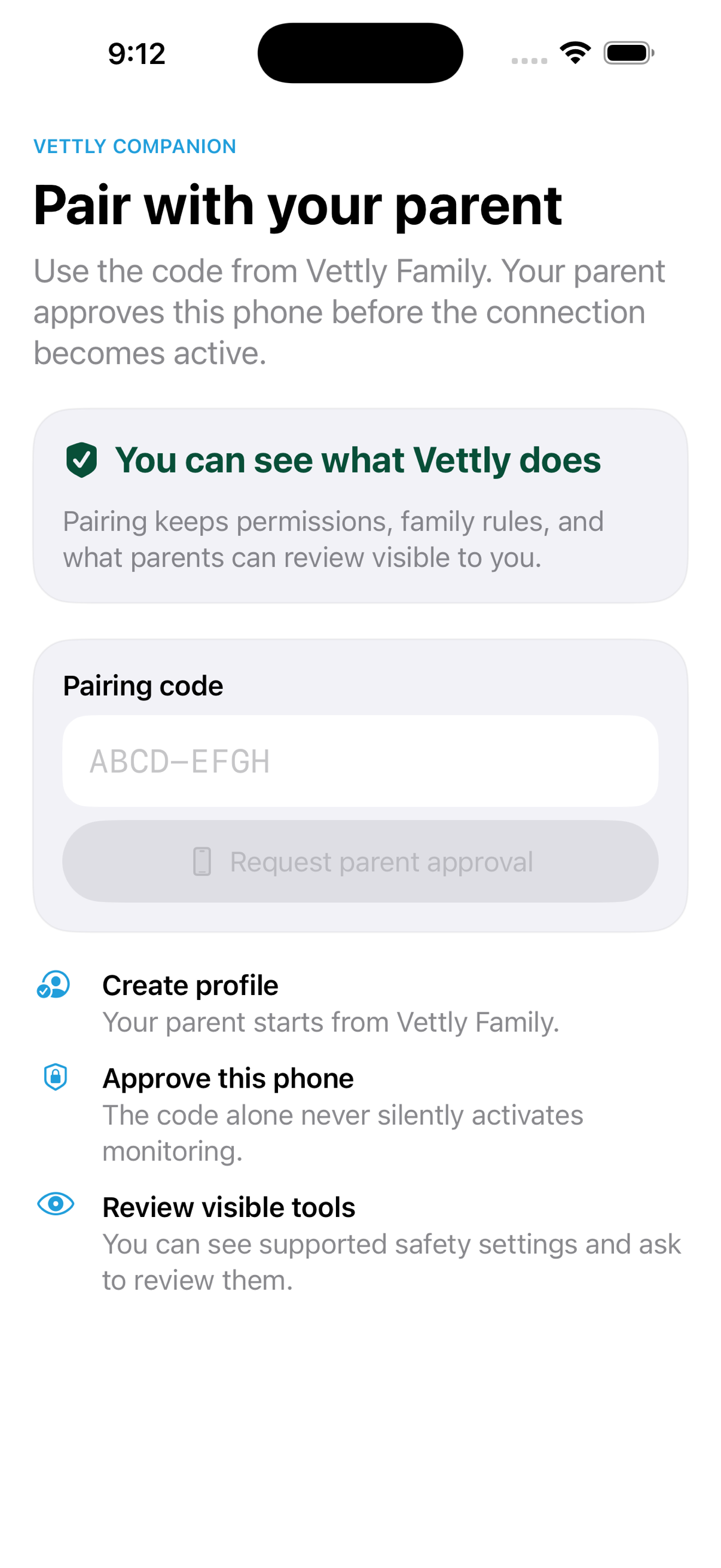 Vettly Companion pairing screen asking for the parent's code before anything turns on