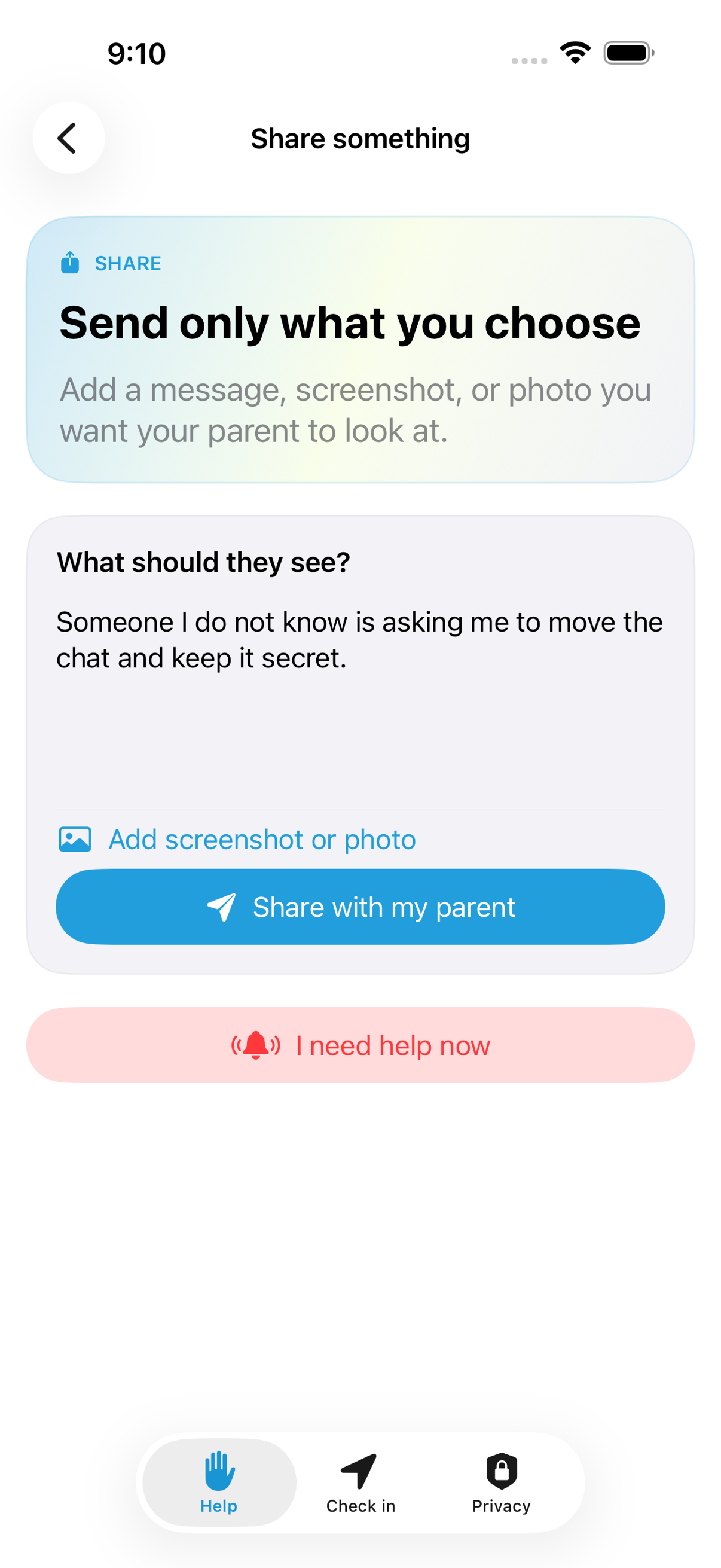 Vettly Companion sharing screen with a sample concern ready to share